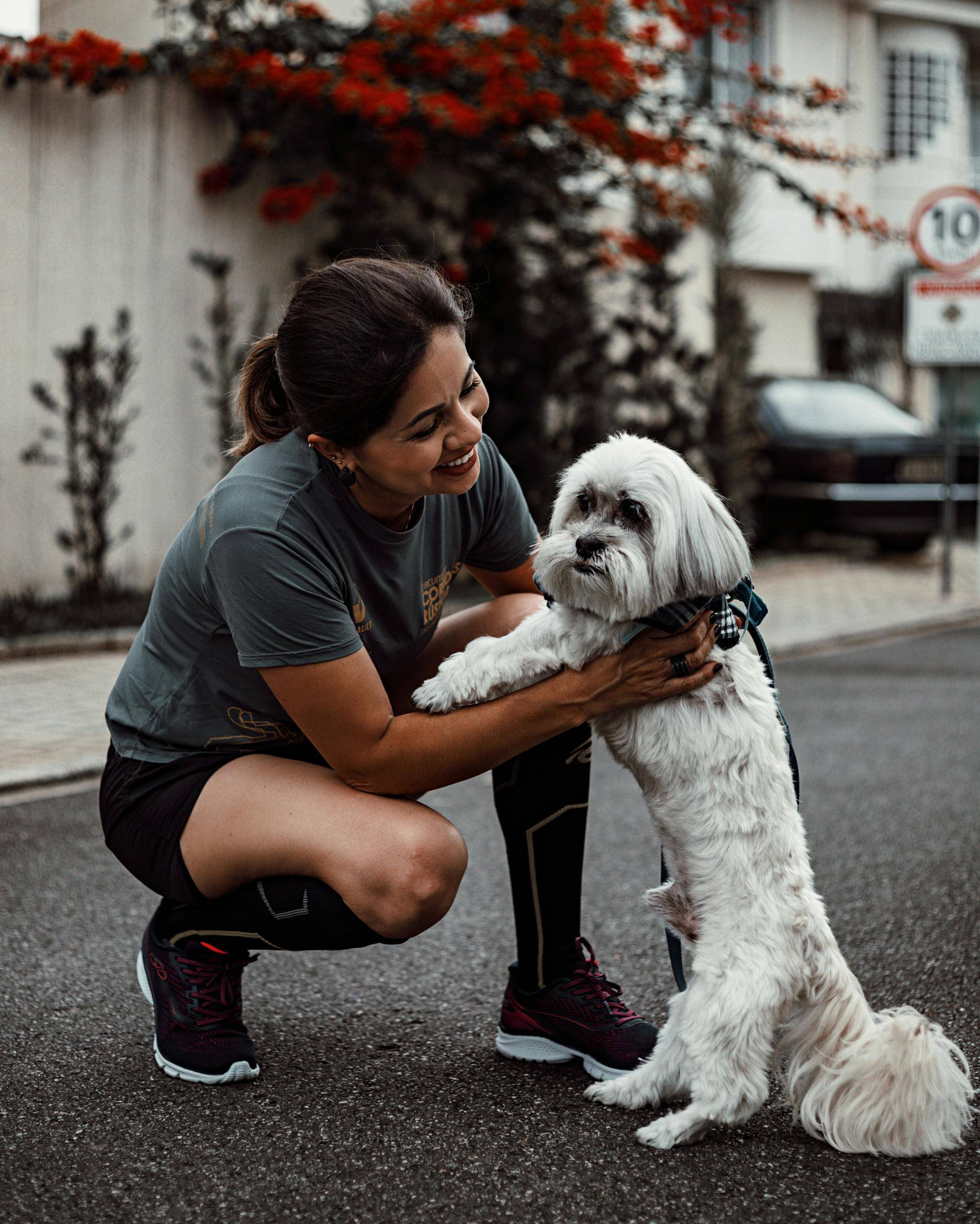 Smiling Woman Petting White Dog